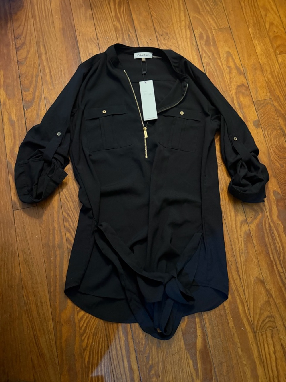 🆕🖤Calvin Klein black belted blouse front pockets with adjustable sleeves